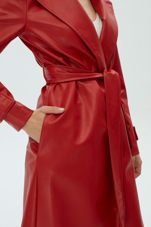 Firebrick vegan leather long jacket